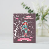 ヤングガールスキーヤー |クリスマス名前をカスタムする シーズンポストカード (スタンド正面)