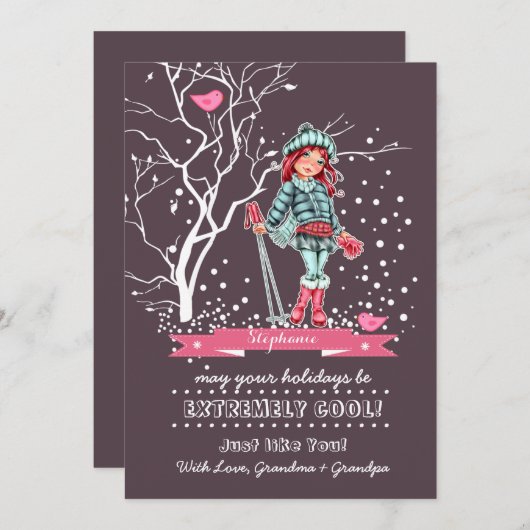 ヤングガールスキーヤー |名前をカスタムするカード シーズンカード (正面/裏面)