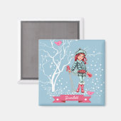 ヤングガールスキーヤー 名前をカスタムする|クリスマスプレゼント マグネット (正面/裏面)