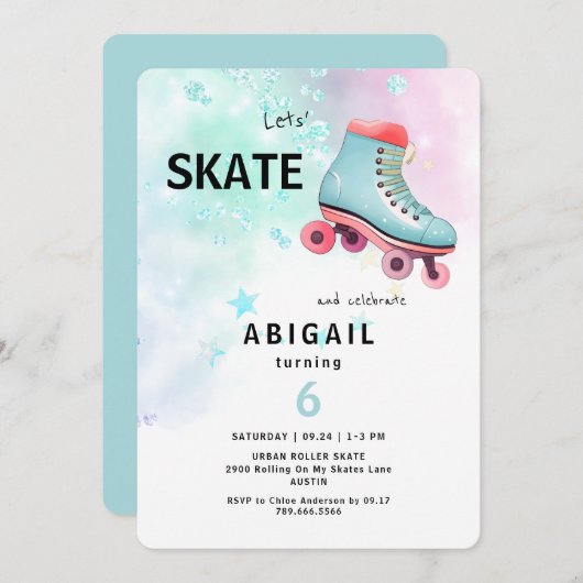 ヤングガールローラースケートで滑るターコイズ誕生日パーティー 招待状 (正面/裏面)