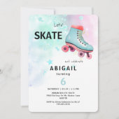 ヤングガールローラースケートで滑るターコイズ誕生日パーティー 招待状 (正面)