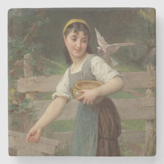 ヤングガール食べ物を与えズ・ザ・ドーヴ（Emile Munier著） ストーンコースター (正面)