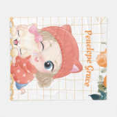 ヤングガール&キャットオレンジバラ+名前をカスタムする フリースブランケット (正面(横))