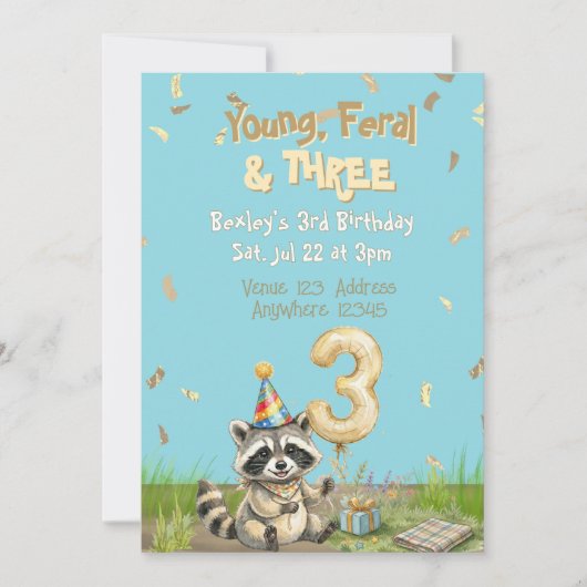 ヤングフェラルアンドスリー ゴールド アライグマ 3歳の誕生日 招待状 (正面)