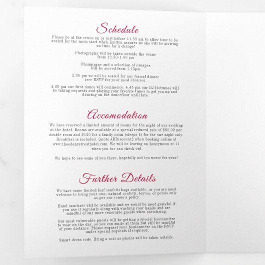 ヤングミズキの赤と白の結婚式食事オプションの出欠確認 三つ折り招待状 (内部最初)