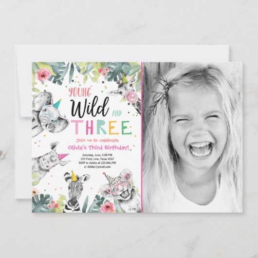 ヤングワイルドアンドスリーサファリアニマルガール誕生日 招待状 (正面)