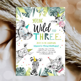 ヤングワイルドアンドスリーサファリアニマルズボーイ誕生日 招待状