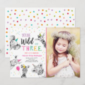 ヤングワイルドアンドスリーサファリパーティー動物誕生日 招待状 (正面/裏面)
