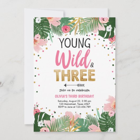 ヤングワイルドアンドスリートロピカルサファリガール誕生日 招待状 (正面)
