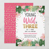 ヤングワイルドアンドスリートロピカルサファリガール誕生日 招待状 (正面/裏面)