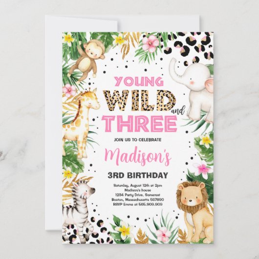 ヤングワイルドアンドスリーヒョウ印刷サファリ誕生日 招待状 (正面)