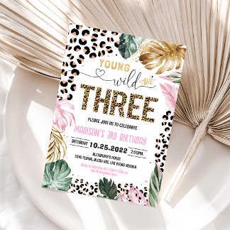 ヤングワイルドアンドスリーヒョウ印刷ジャングル誕生日 招待状
