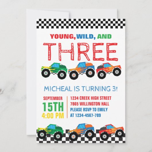 ヤングワイルドアンドスリーモンスタートラックボーイズ誕生日 招待状 (正面)