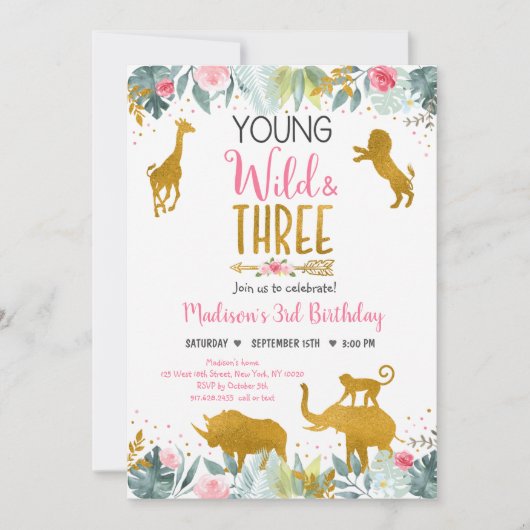 ヤングワイルドスリーピンクサファリ金ゴールド誕生日 招待状 (正面)