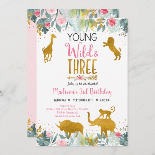 ヤングワイルドスリーピンクサファリ金ゴールド誕生日 招待状 (正面/裏面)