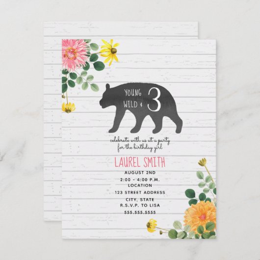 ヤングワイルドスリーベアーワイルドフラワー誕生日 招待状 (正面/裏面)