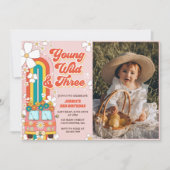 ヤングワイルドスリー レトロレインボー 3歳誕生日写真 招待状 (正面)