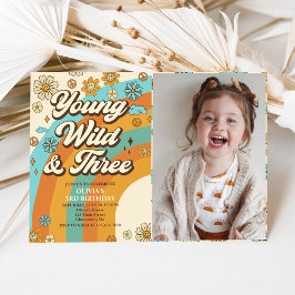 ヤングワイルドスリー レトロレインボー 3歳誕生日写真 招待状
