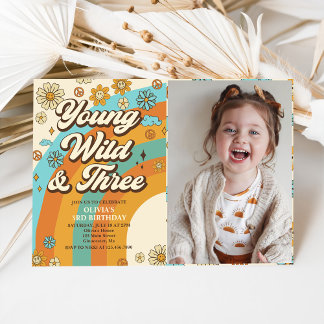 ヤングワイルドスリー レトロレインボー 3歳誕生日写真 招待状