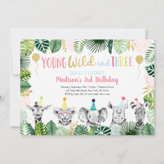 ヤングワイルド&スリーガールサファリ誕生日招待状 招待状 (正面)