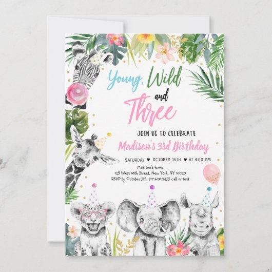 ヤングワイルド&スリートロピカルサファリガール誕生日 招待状 (正面)