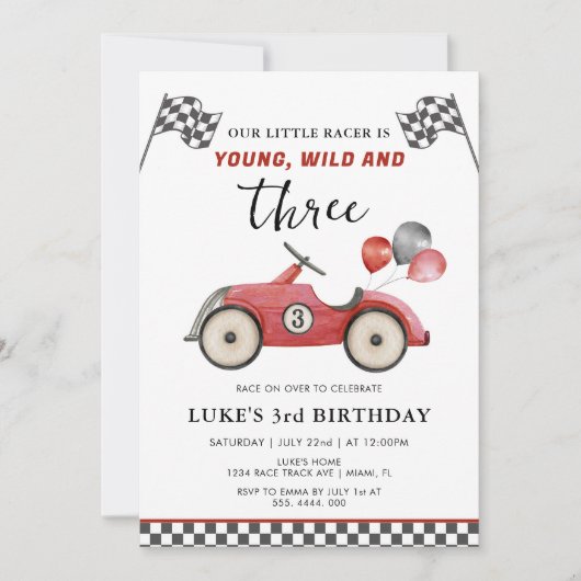 ヤングワイルド&スリーボーイズレースカー誕生日 招待状 (正面)