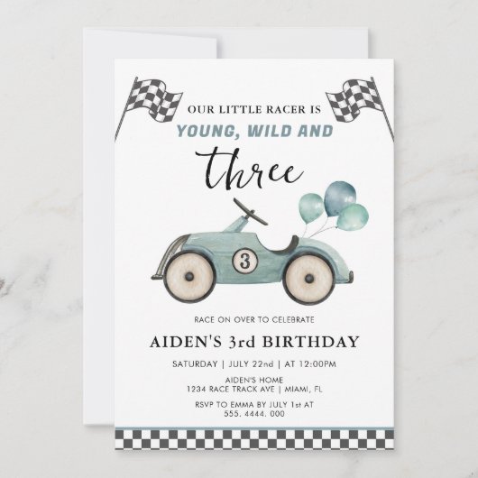 ヤングワイルド&スリーボーイズレースカー誕生日 招待状 (正面)
