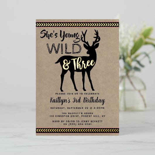 ヤングワイルド&ディアガールズ3歳実在誕生日 箔招待状 (立ち正面)