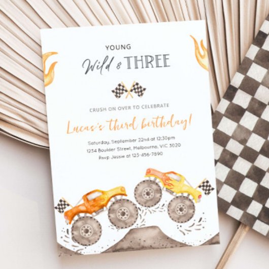 ヤング ワイルド アンド スリー オレンジ モンスター トラック 3歳の誕生日 招待状