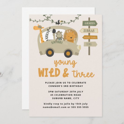 『ヤング・ワイルド・アンド・スリー・サファリ・アニマルズ第3誕生日』 招待状 (正面/裏面)
