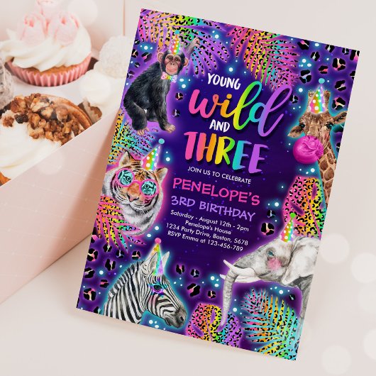 ヤング ワイルド アンド スリー サファリ ネオン チーター バースデー 招待状