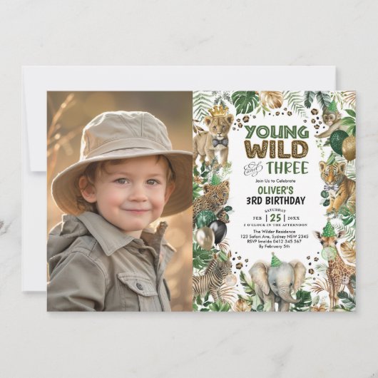 ヤング ワイルド アンド スリー ジャングル アニマルズ バースデー フォト 招待状 (正面)