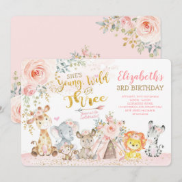 ヤング・ワイルド・アンド・スリー トライバル ジャングル ガール 3歳の誕生日 招待状