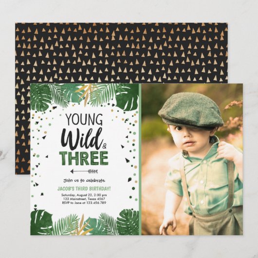 ヤング ワイルド アンド スリー トロピカル サファリ ボーイ バースデー 招待状 (正面/裏面)