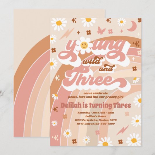 ヤング ワイルド アンド スリー ヒッピーの3歳誕生日パーティー 招待状 (正面/裏面)