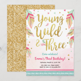 ヤング ワイルド アンド スリー フェザーズ ピンク ゴールド バースデー 招待状