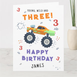 ヤング ワイルド アンド スリー 3歳の誕生日の子供のモンスタートラック カード