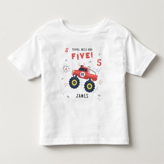 ヤング ワイルド アンド ファイブ 5歳の誕生日 子ども モンスターカー トドラーTシャツ (正面)