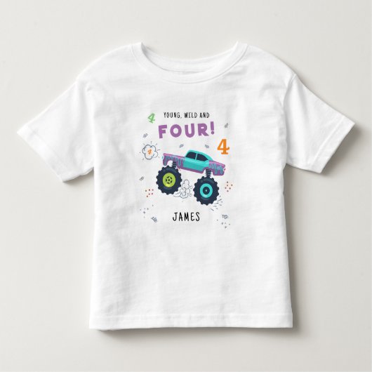 ヤング ワイルド アンド フォー 4歳の誕生日 子供 モンスターカー トドラーTシャツ (正面)