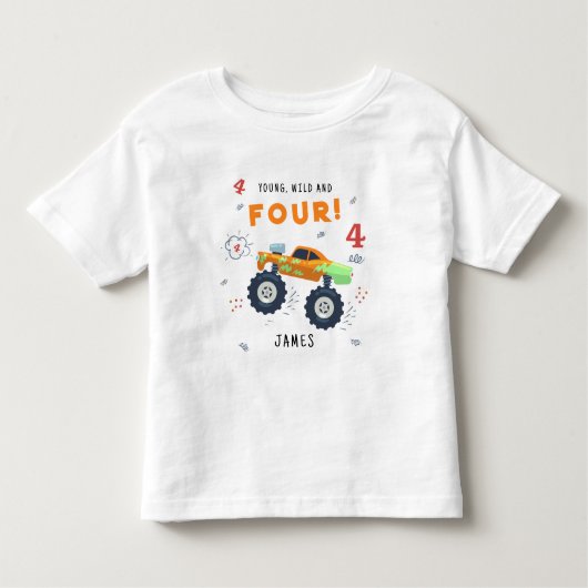 ヤング ワイルド アンド フォー 4歳の誕生日 子供 モンスターカー トドラーTシャツ (正面)