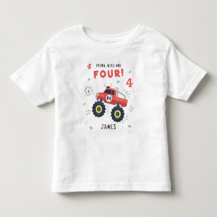 ヤング ワイルド アンド フォー 4歳の誕生日 子供 モンスターカー トドラーTシャツ
