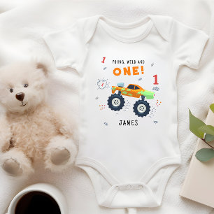 ヤング ワイルド アンド ワン 1歳の誕生日 子供 モンスターカー ベビーボディスーツ