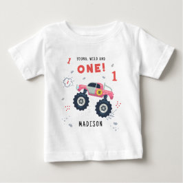 ヤング ワイルド アンド ワン 1歳の誕生日 子供 モンスターカー ベビーTシャツ