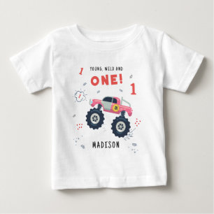 ヤング ワイルド アンド ワン 1歳の誕生日 子供 モンスターカー ベビーTシャツ