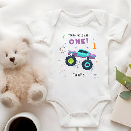 ヤング ワイルド アンド ワン 1歳誕生日 子供 モンスターカー ベビーボディスーツ