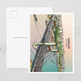 ヤンゴンミャンマースケッチアートヴィンテージトラベル ポストカード