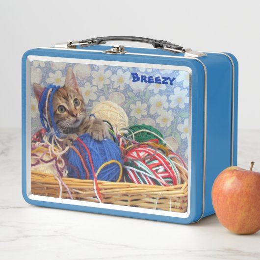 ヤーンパーソナライズされたネコ付きおもしろい メタルランチボックス (インサイチュ)