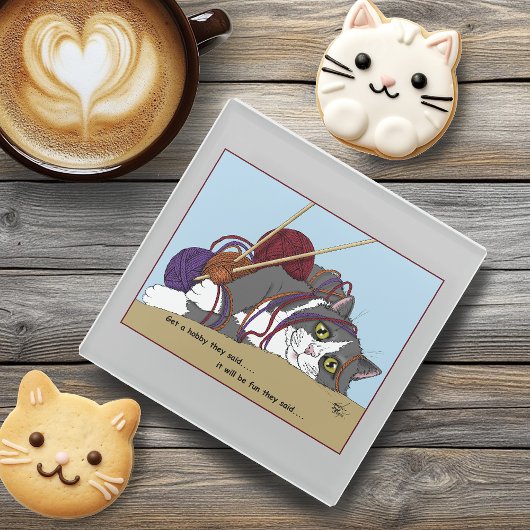 ヤーン編み物おもしろい猫 ガラスコースター