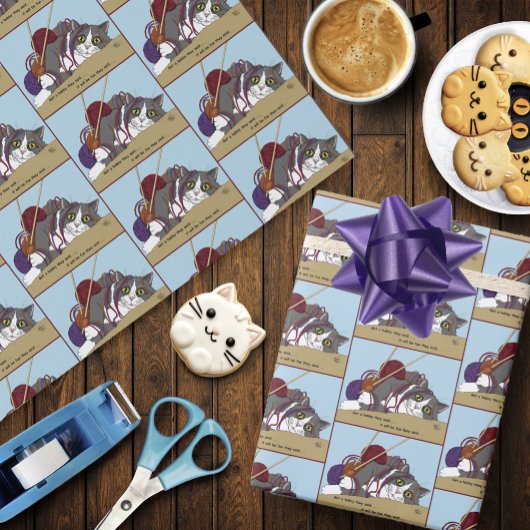 ヤーン編み物おもしろい猫 ラッピングペーパー