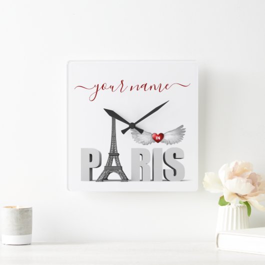 ユアネームインパリエッフェルタワーハートエンジェルウィング スクエア壁時計 (ホーム)